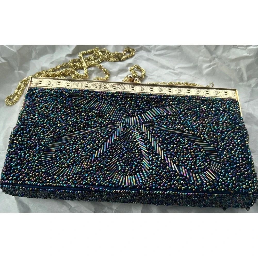 Iridescent Beaded Evening Clutch Bag Gold Tone Frame Chain Strap Navy Blue